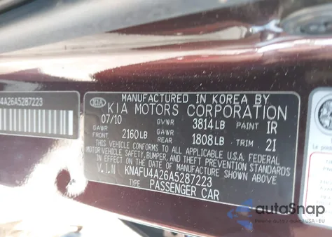 2010 Kia Forte Ex из США, поврежденный, VIN KNAFU4A26A6281223